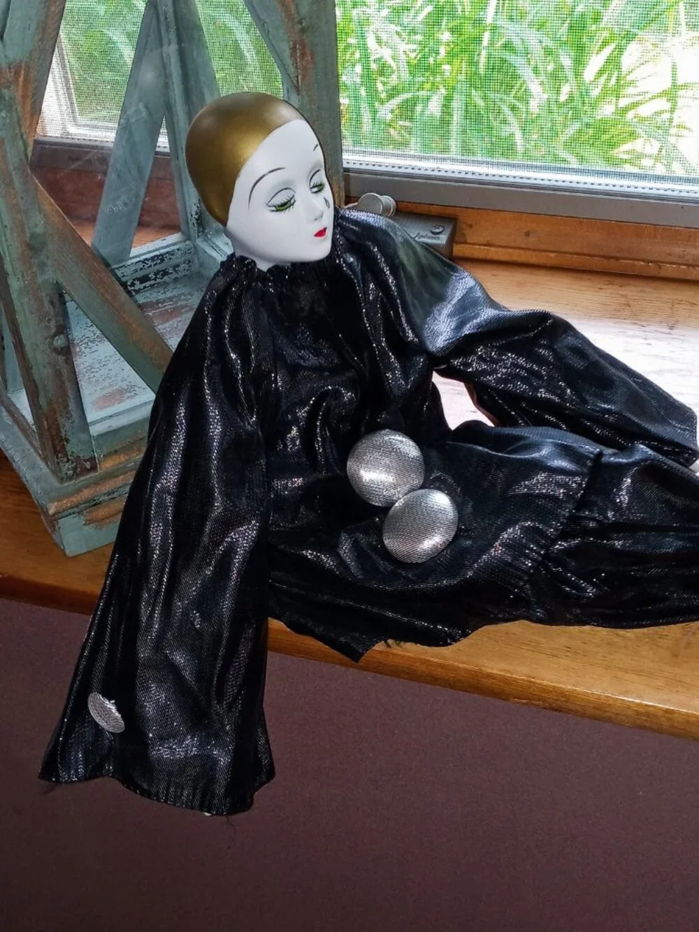 Stunning Vintage Pierrot Porcelain Clown Doll Black Silver Costume Teardrop Face